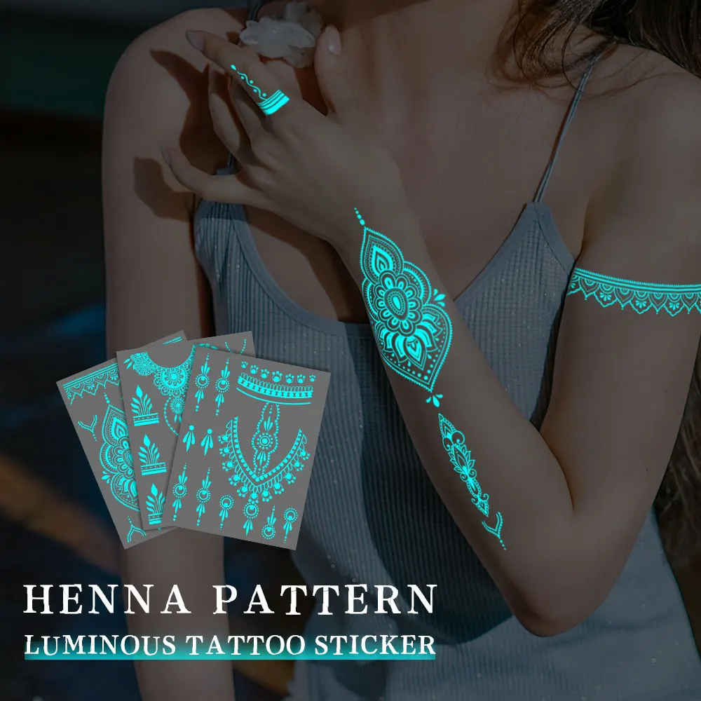 White Henna Luminous Waterproof Temporary Tattoo Sticker Arm Body Art Large Fake Tattoos Women Wedding Festival Makeup Products