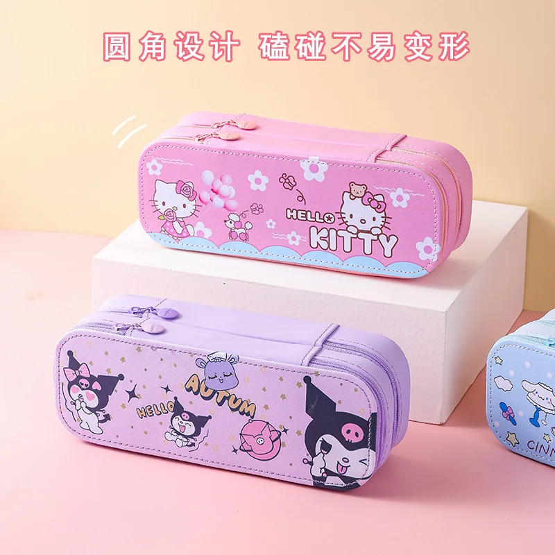 Sanrio Pencil Case Cute PU Large Capacity torage Double Layer Kawaii Kuromi Cinnamoroll Melody Pencils Bag Supplies Stationery