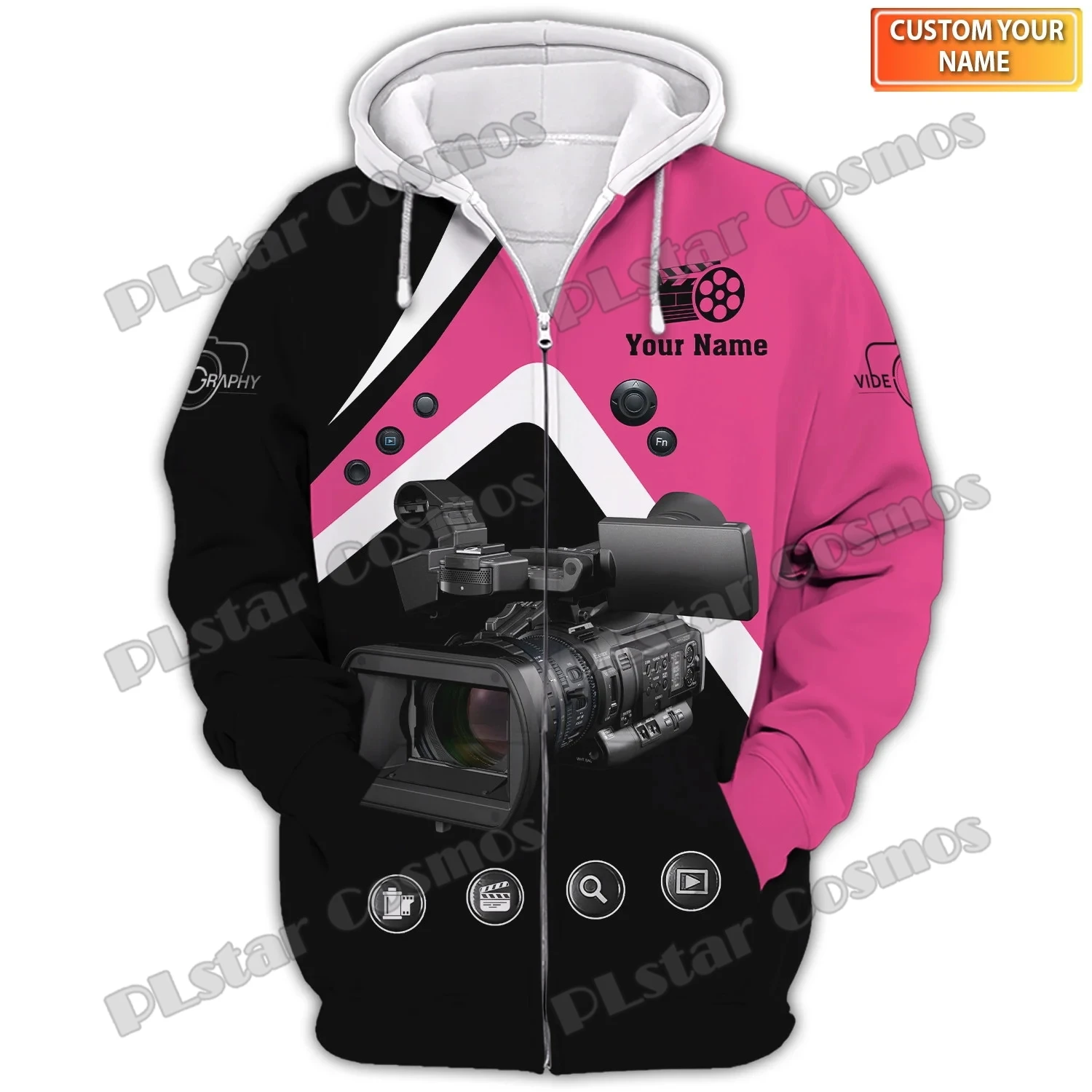 

Personalized Name Black Pink Photographer 3D Printed Fashion Men's Zip Up Hoodies Autumn Unisex Casual Zip Pullover ADW130