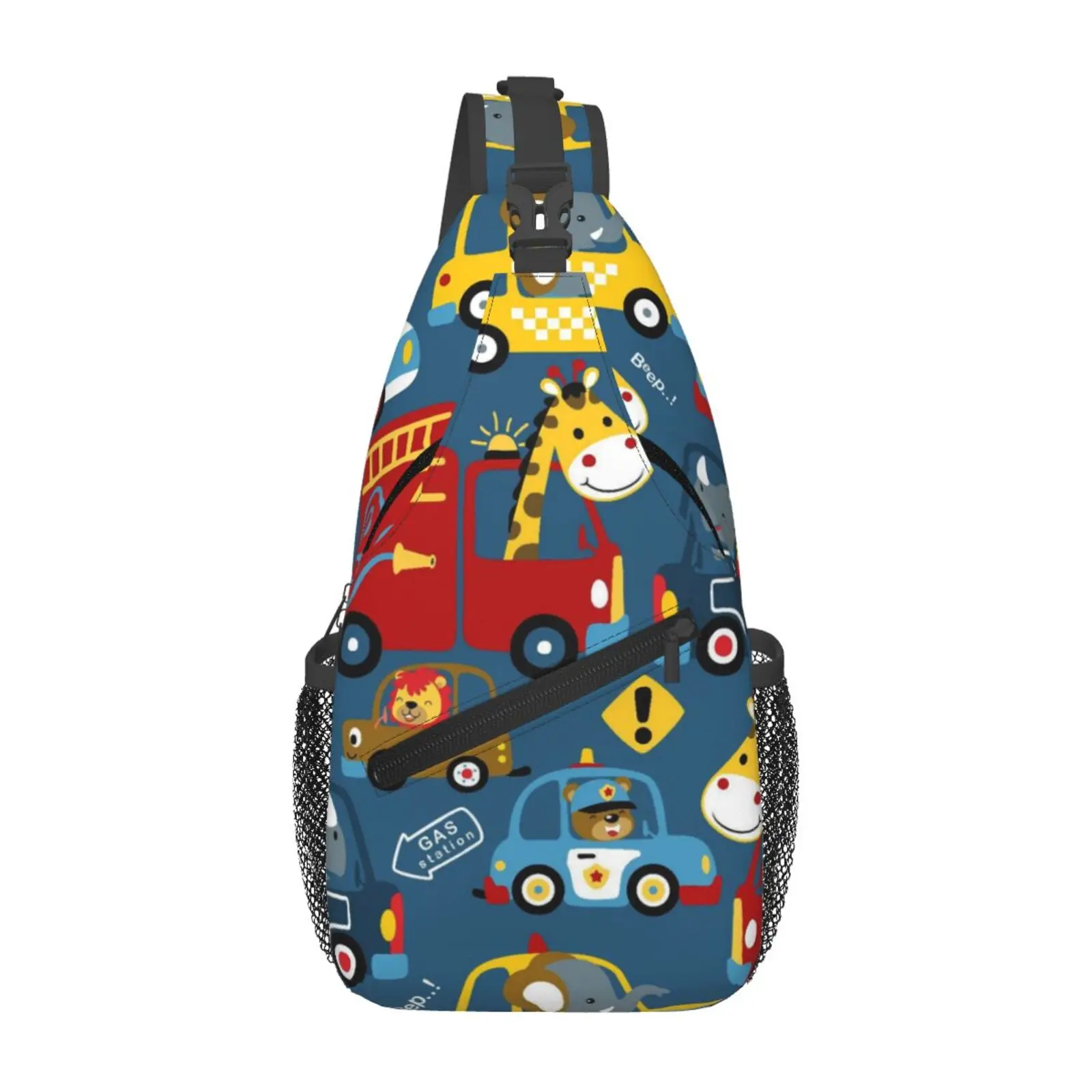 Cartoon Animal Car Pattern Chest Bags Crossbody Sling Bag Travel Hiking Sports Backpack Casual Lightweight Daypack for Men Women