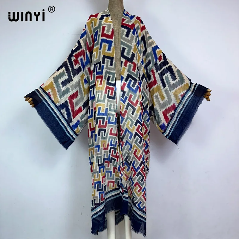 

WINYI 2023 Summer Women Cardigan beachwaer sexy Boho Maxi African Holiday Batwing Sleeve Silk feeling Robe kimono kaftan