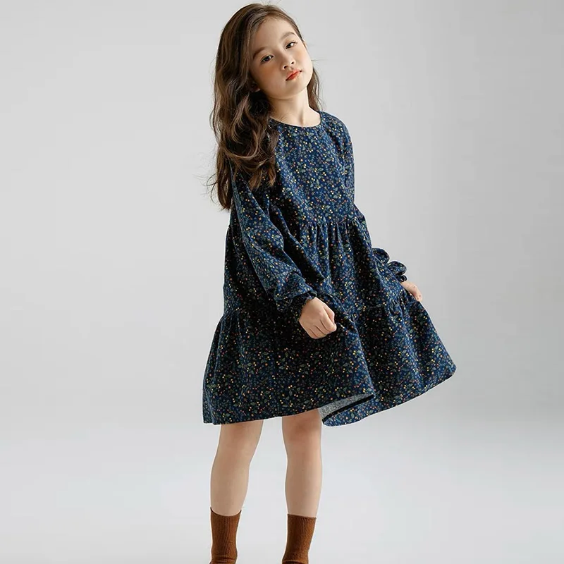 Girls Floral Dress Cotton Long Sleeve Pleated Casual Swing Dresses A-Line Knee Length Vestidos for Kids 4-16 Years