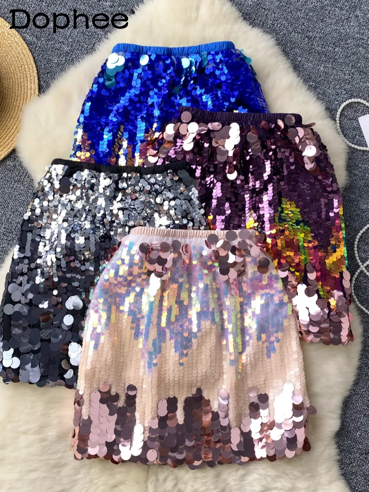 

Fashion Colorful Sequined Skirt Women 2024 Summer New A- Line Shiny Hot Girl Hip Skirt Sexy High Waist Slimming Mini Skirts