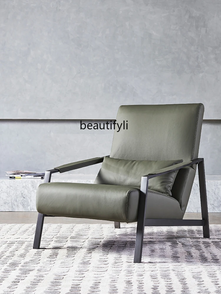 yj Italian Minimalist Light Luxury First Layer Cowhide Leisure Chair Nordic Living Room Leather Single-Seat Sofa Chair Recliner