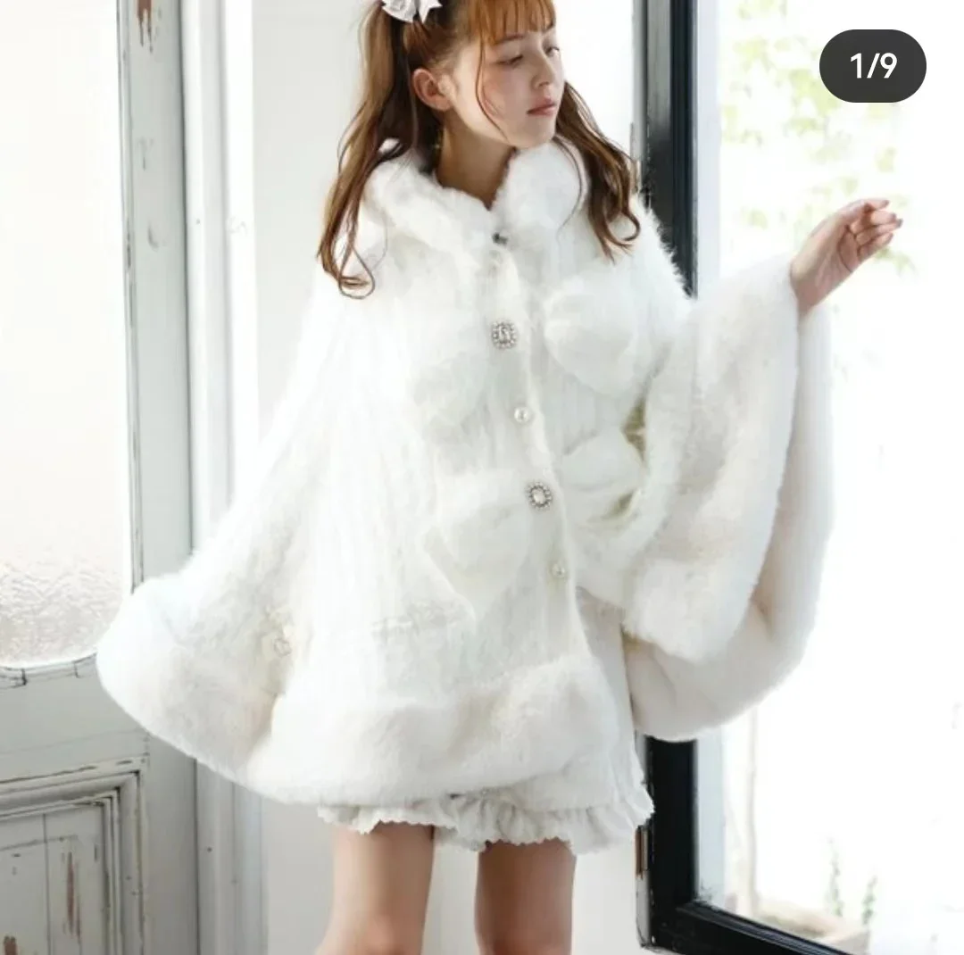 Japanese Liz Sweet Princess Faux Rabbit Fur Cape Coat Women Autumn Winter Fur Jacket Loose Clock Rhinestone Bow Hooded Coat