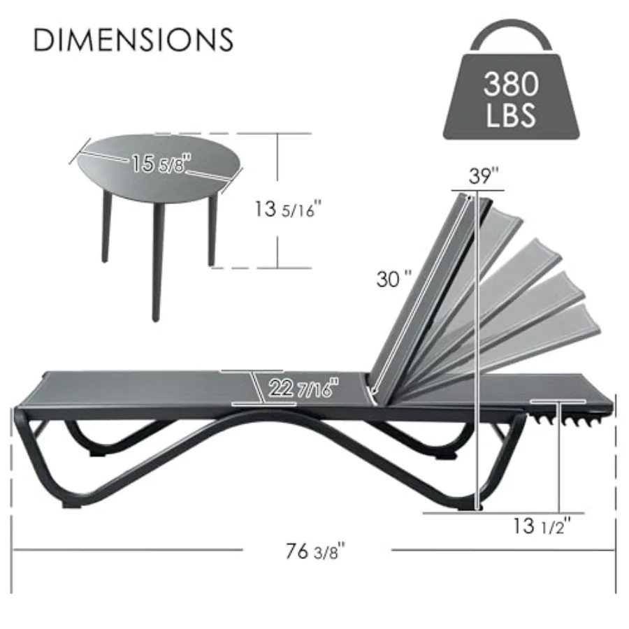 Outdoor Chaise Lounge for Poolside, Sunbathing Backyard: All Aluminum Frame + Textilene Fabric, Fully Flat Adjustable Reclining