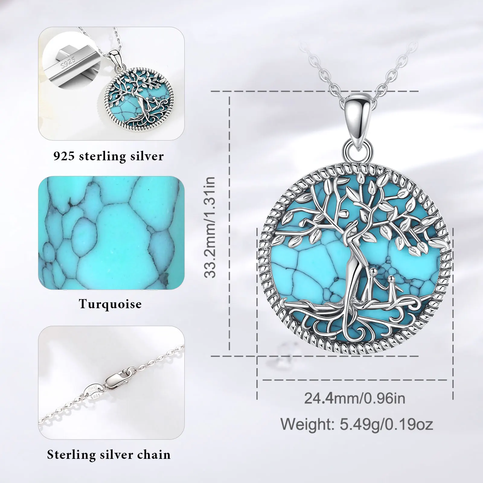 Eudora 925 Sterling Silver Tree of Life Necklace Turquoise Mother and Two Child Pendant Jewelry Mother's Day Gift for Wife Women