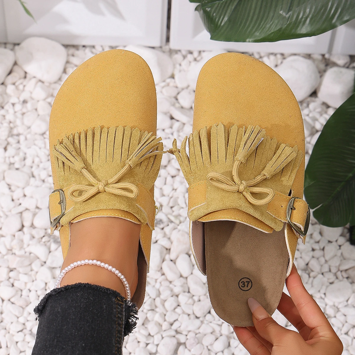 Retro Fringed Beads Bow Mule Shoes Baotou Shoes Spring and Autumn Flats One Pedal Casual Versatile Soft Comfortable Shoes Women