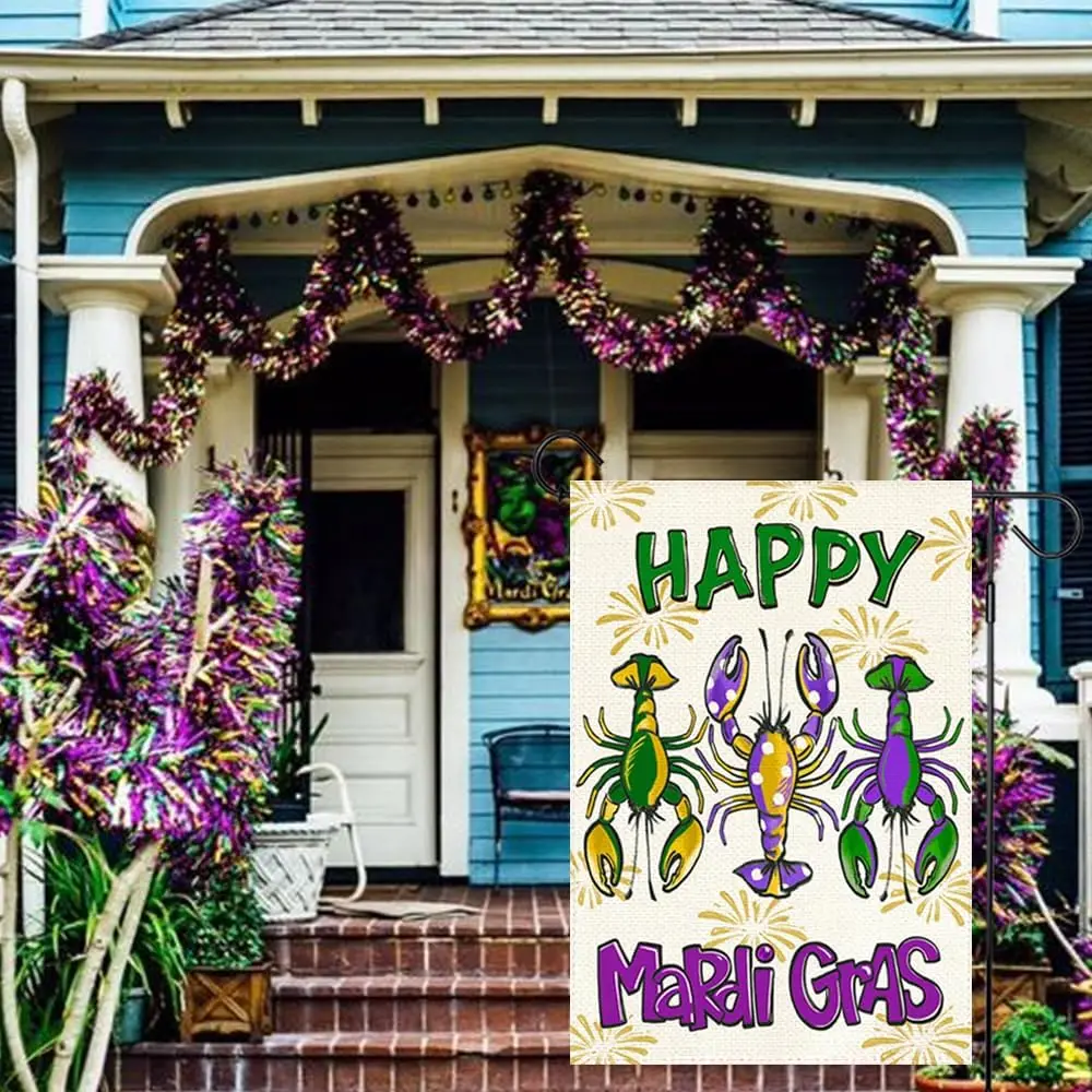 Happy Mardi Gras Crawfish Garden Flag 12x18 Inch Double Sided Outdoor Decoration, Fat Tuesday Lobster New Orleans Carnival P AAS