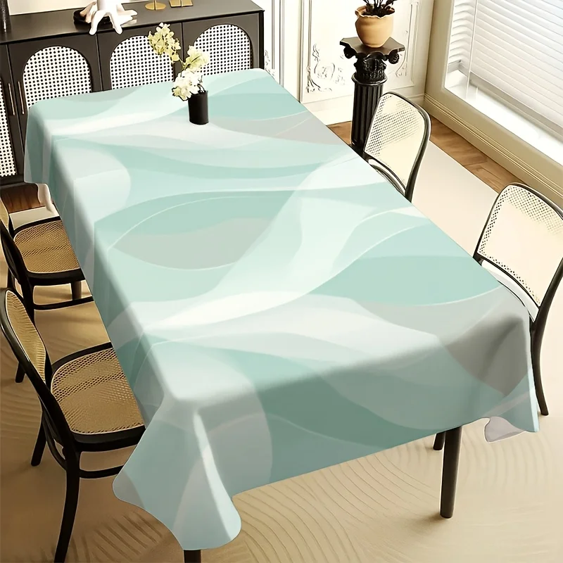 Simple Pastel Wave Tablecloth, Light Base With Abstract Curve Graphic Print, Rectangular Table Cover for Dining & Kitchen Decor