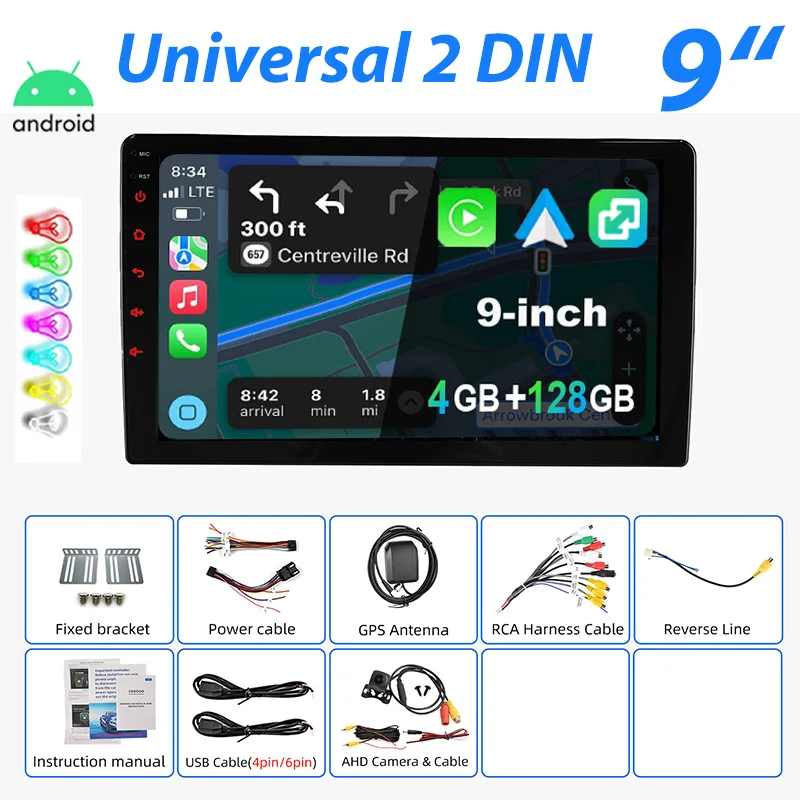 Universeel Autoradio ESSGOO Android 15 7"/9"/10" 4+128 GB 2 DIN Draadloze CarPlay Android Auto GPS Navigatie RDS FM Bluetooth 7 Kleuren ASP-scherm Mirror Link Aanraakscherm Stuurwielbediening