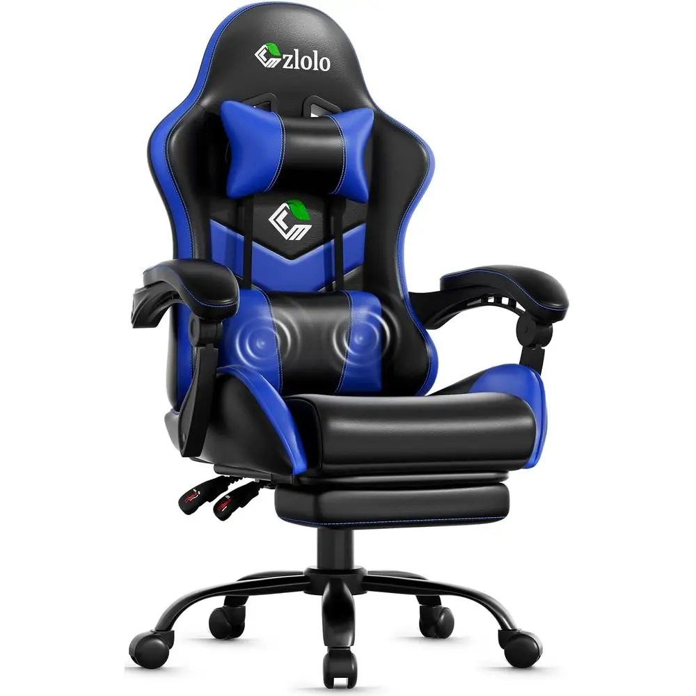 Cadeira de jogos com massagem lombar estilo corrida, com pernas de metal, cadeira giratória de encosto alto em azul brilhante