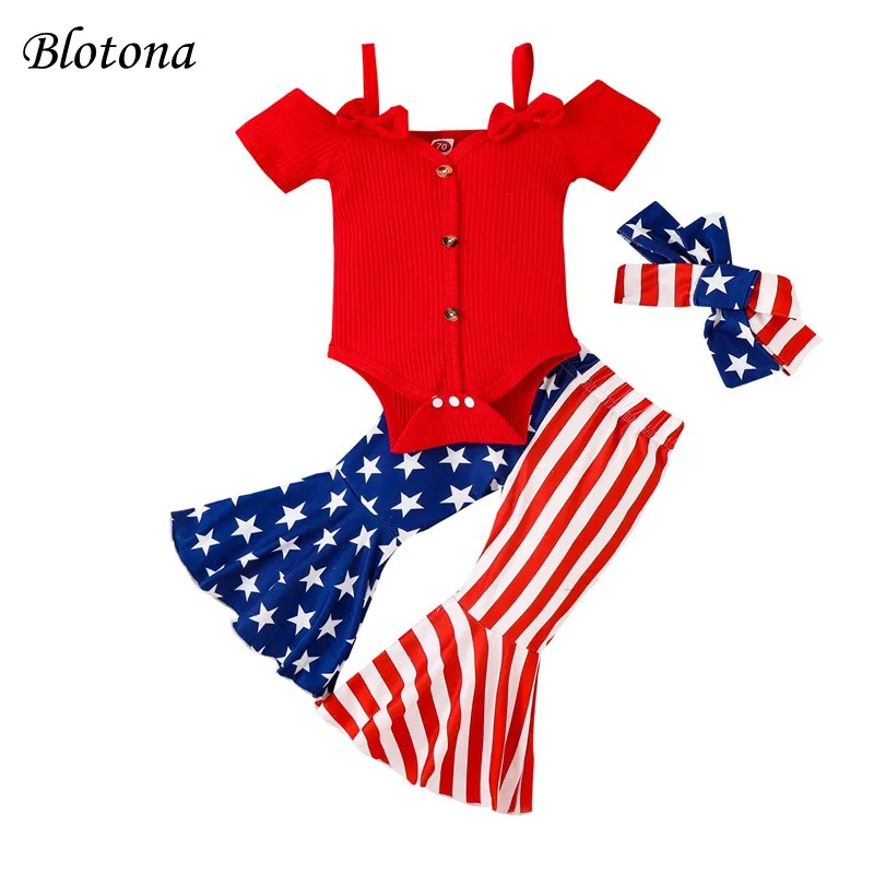 

Blotona Baby Girls Independence Day Set, Short Sleeve Bowknot Romper with Stars Stripes Flared Pants and Headband 3-24Months