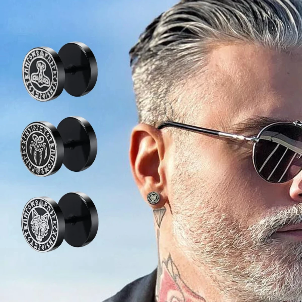 Gothic Viking Runes Wolf Head Compass Celtic Knot Stud Earrings for Men Boys Rock Punk Stainless Steel Black Jewelry Gift