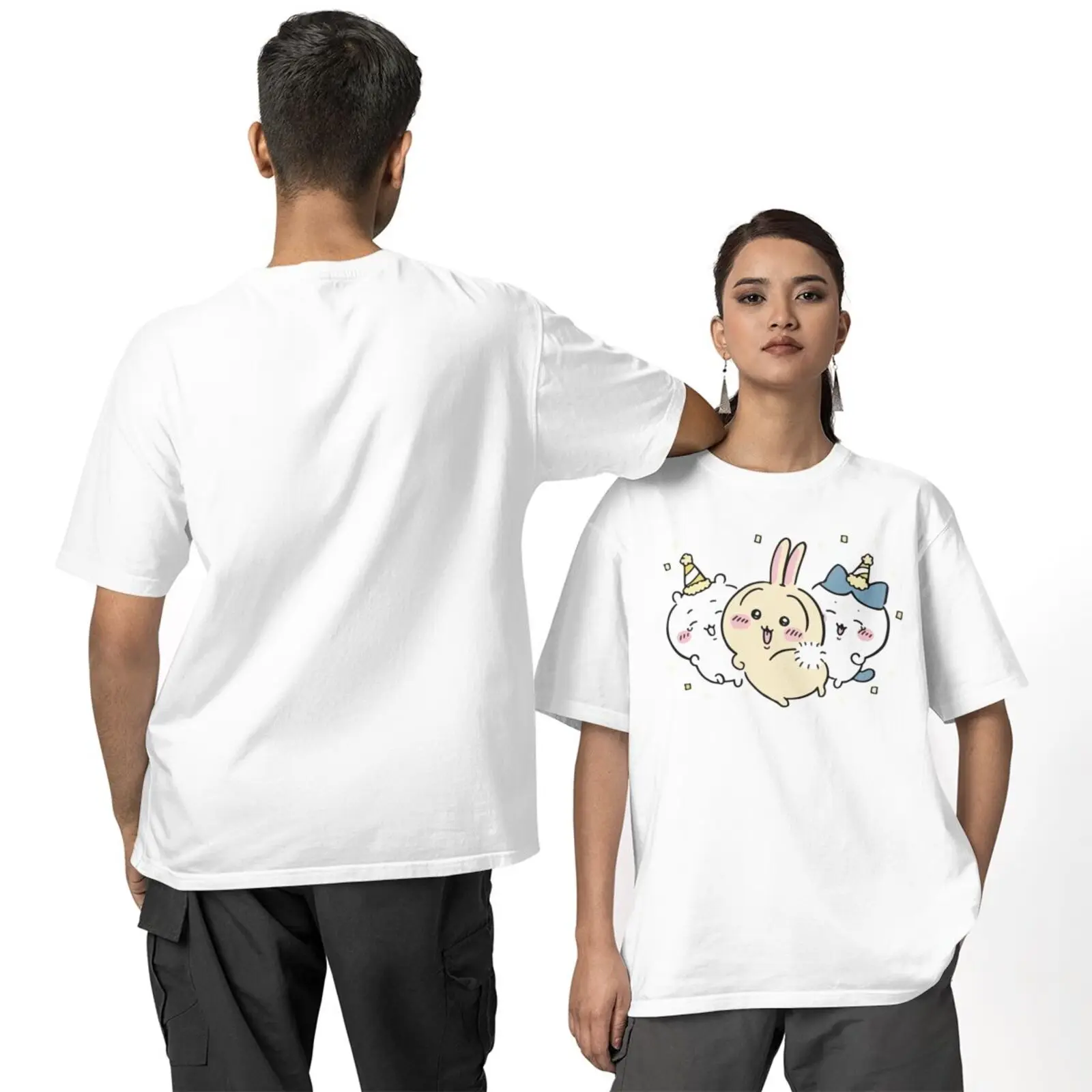 Men's Cartoon Cute Chiikawas T Shirts Hachiware Usagi Pure Cotton Tops Novelty Short Sleeve O Neck Tees Adult T-Shirts
