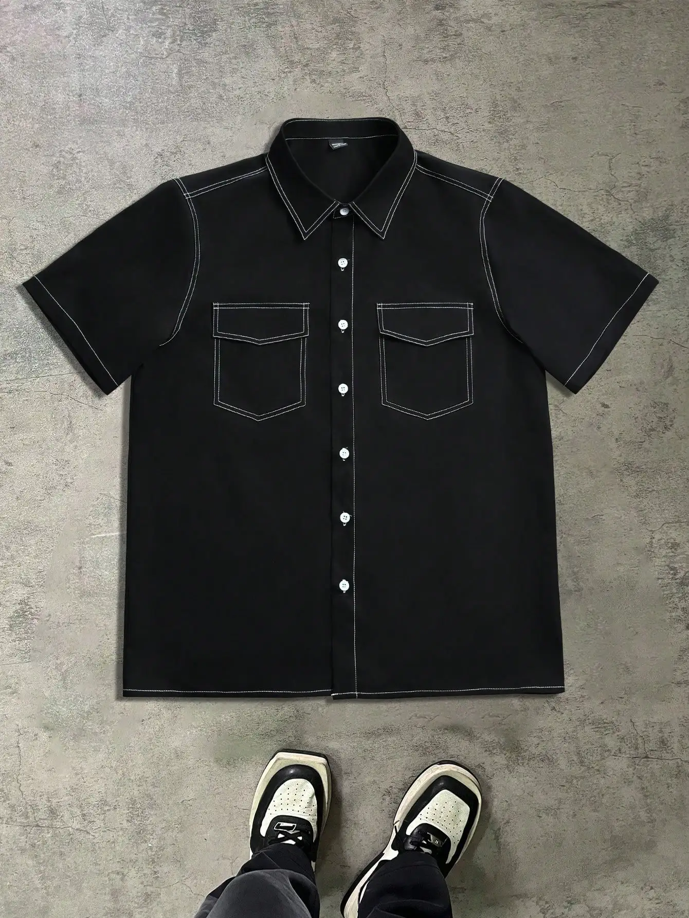 

Black Short Sleeve Casual Shirt with Contrast White Stitching and Chest Pockets