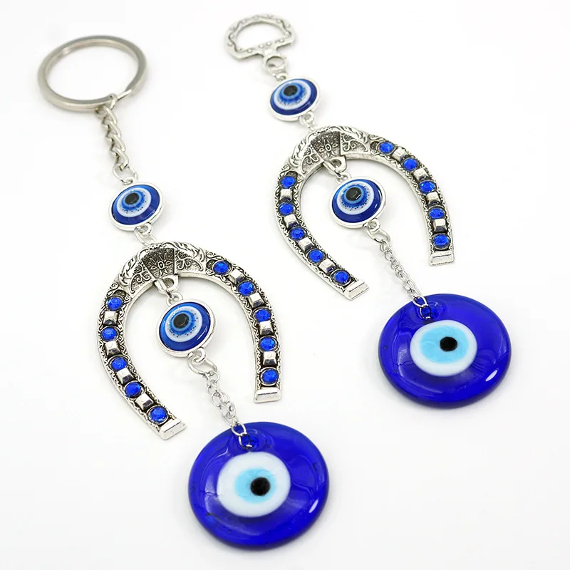 Alloy Horseshoes Blue Evil Eye Key Chain Ornament Decor Beads Jewelry Pendant Metal Car Hone Wall Hanging Decoration Charm Gift