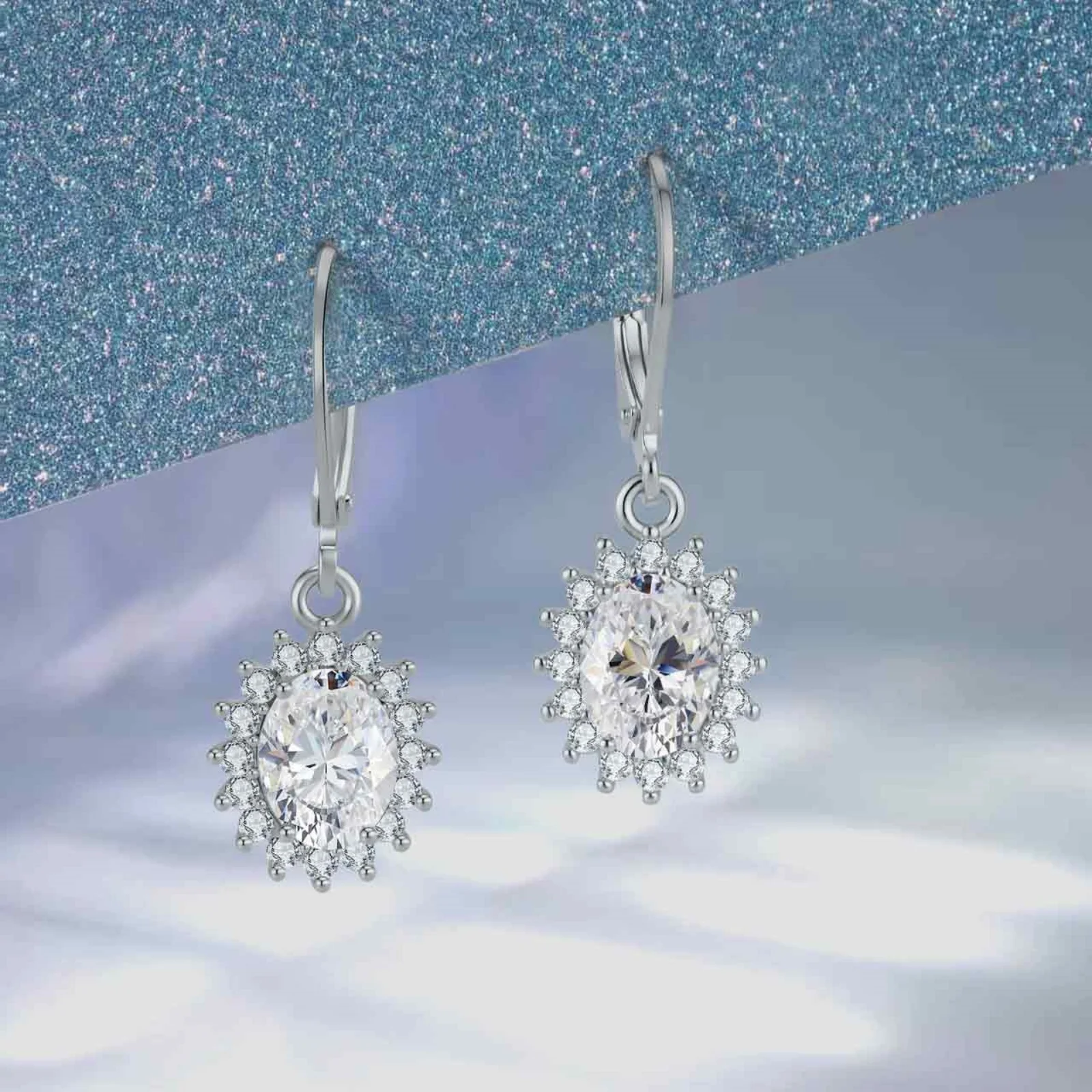 LAMVOICE Oval  Zircon Halo Leverback Dangle Earrings,Multi-Layer Plating Hypoallergenic Anti‑Tarnish Wedding Daily Jewelry Gift