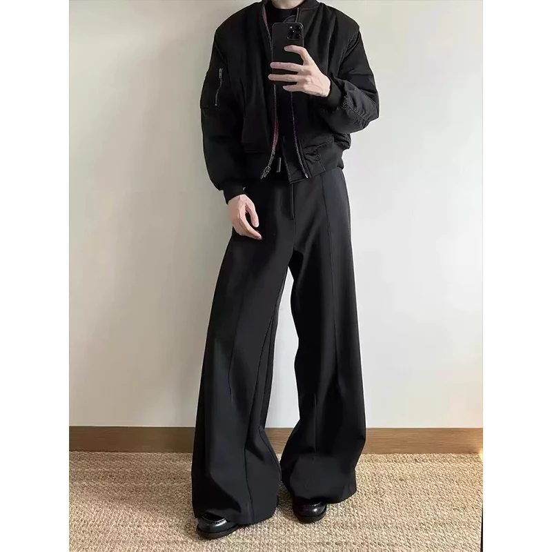2026 Black Jazz Deconstructed Wide Leg Bell Bottom Men's West Pants Straight Casual Long Trousers High Waist Classic Style Polye
