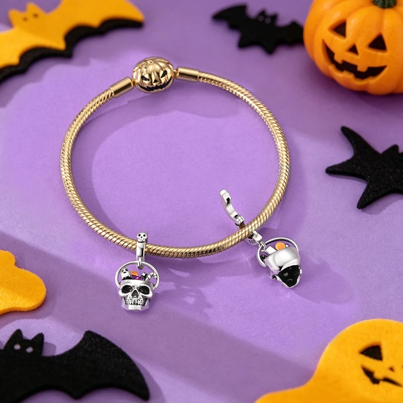 Trendy 925 Sterling Silver Skeleton Basket Candy Charms Pendant Fit Original Bracelet DIY Women Halloween Jewelry Gift