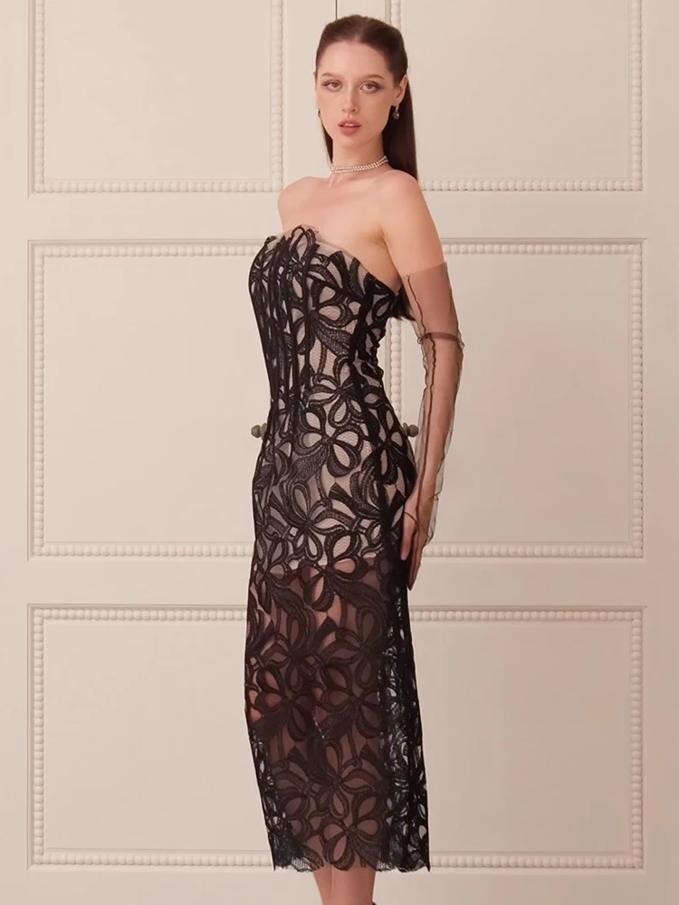 VC elegante preto sem alças sem costas vestido midi de renda transparente coquetel e festa à noite vestido glam