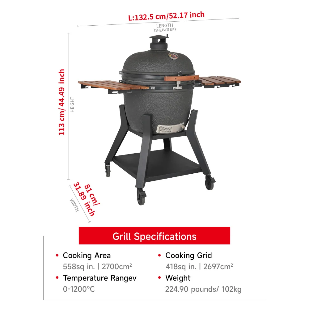 Dark Grey 23.5inch XL Large Professional Ceramic Charcoal Grill Outdoor Bbq Kitchen Barbecue Kamado Grill