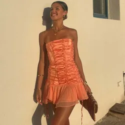 YENKYE Sexy Women Lace Up Bandage Strapless Dresses Summer Female Irregular Hem Party Mini Dress Holiday Robe