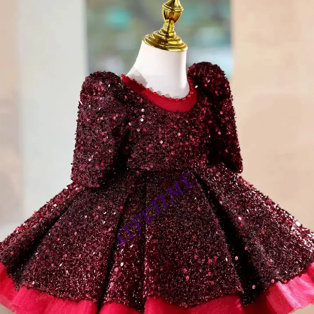 CustomizedFlower Girl Dress Sequin Long Puff Sleeve Ball Gown Wedding Gown First Christmas Party Dress For Girlsفساتين ا