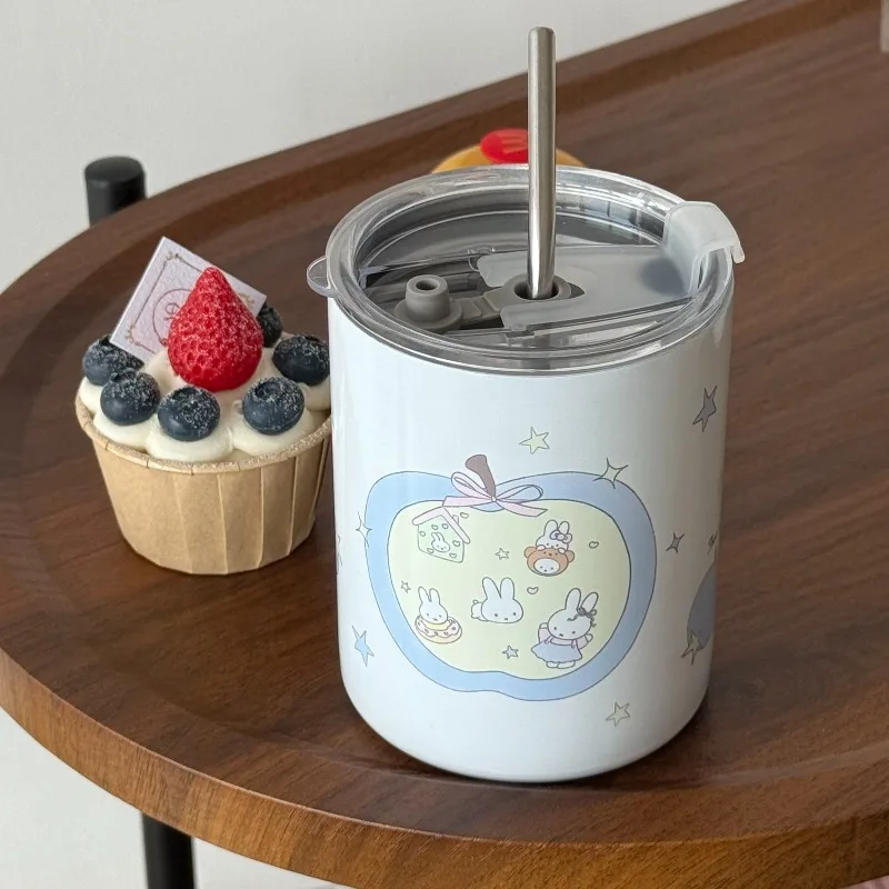 Cartoon Kawaii Miffy Pottery Porcelain Stainless Steel Cup with A Lid Thick Anti Scald Convenient Easy To Clean Multifunction
