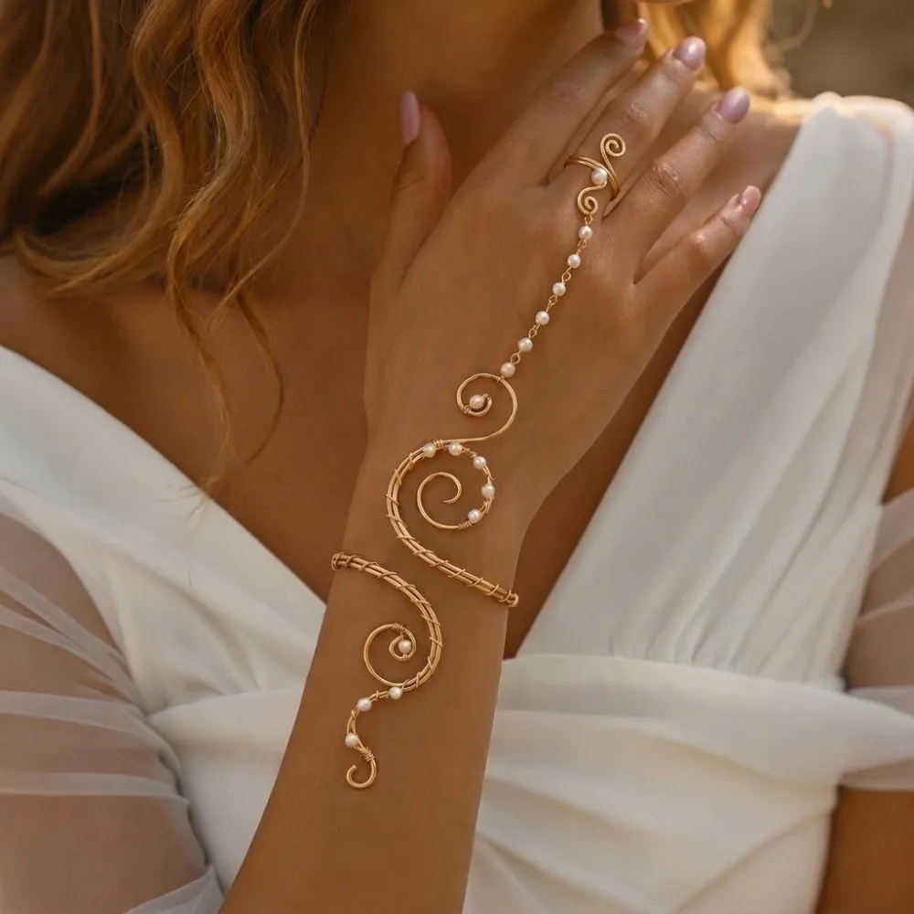Artificial Integrated Finger Chain Bracelet Six-Leaf Flower Hollow Out Spiral Gold Arm Cuff Vintage Armlet Pearl Bracelet