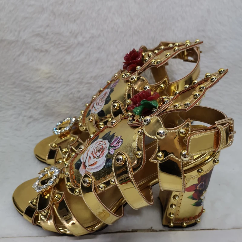 

Женские римские сандалии на массивном каблуке с цветочным принтом, лето 2026, женские туфли на высоком каблуке с открытым носком и открытой пяткой