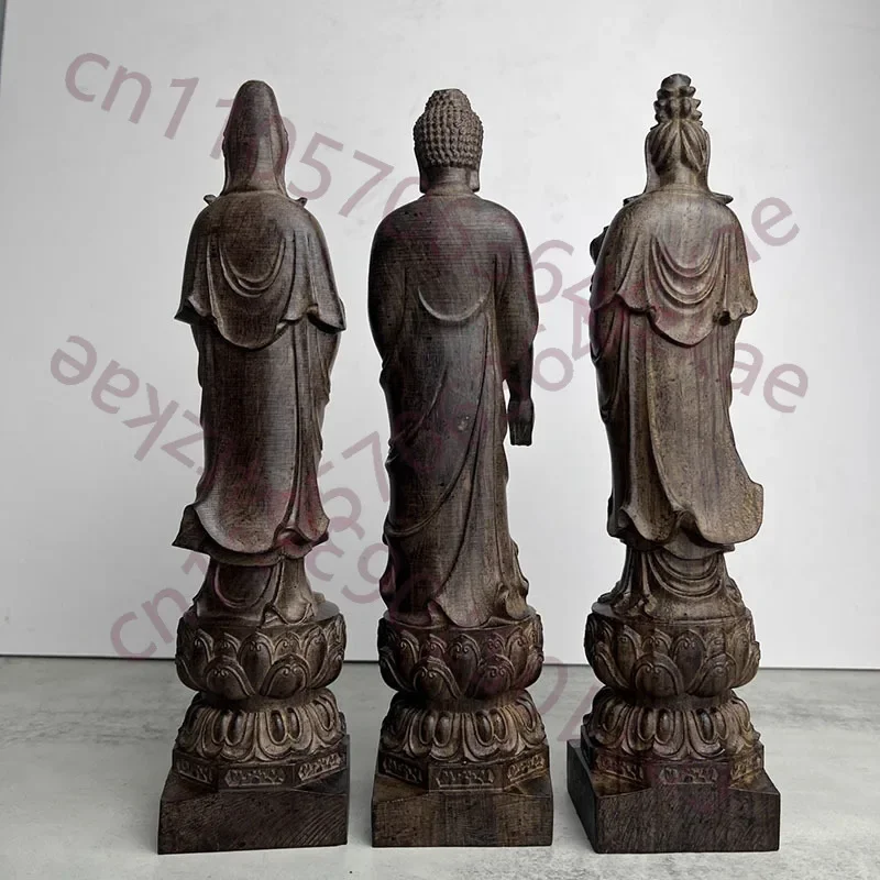 Hand Carved Western Three Saints Buddha Statue (Amitabha, Avalokiteśvara, Mahasthamaprapta) - Solid Wood Home Decoration & Reli