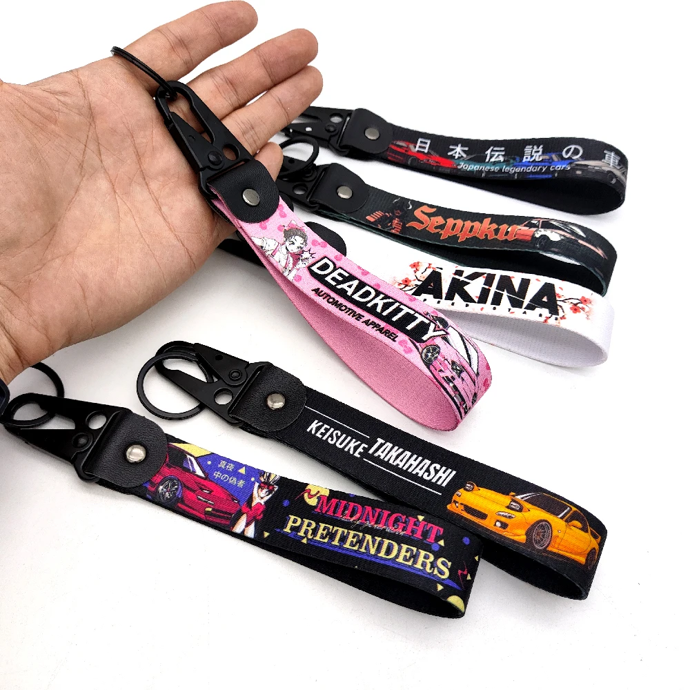 Newest Japanese Style Car Keychain JDM Key Ring Nylon Thermal Transfer Strap Lanyard Modified AKINA Midnight Redsun Auto Pendant