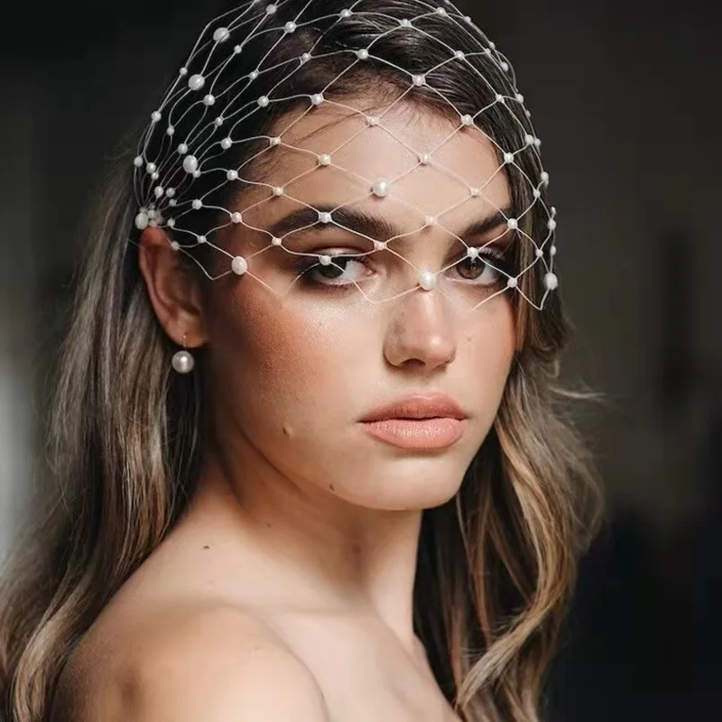 Vintage Bridal Birdcage Veil Headband Large Mesh Veil Headdress Pearl Mask Wedding Accessories for Woman Party