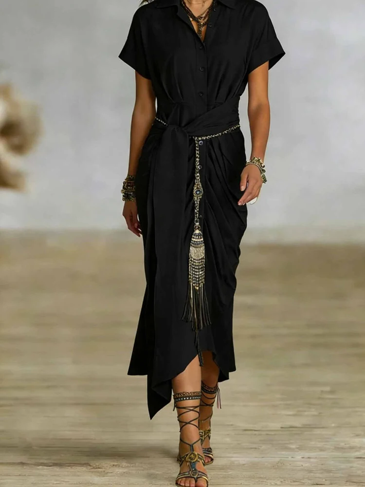 

Элегантное женское платье макси на шнуровке для вечеринок, повседневное платье-рубашка с отложным воротником, коротким рукавом и пуговицами, летнее новое однотонное плиссированное платье для работы