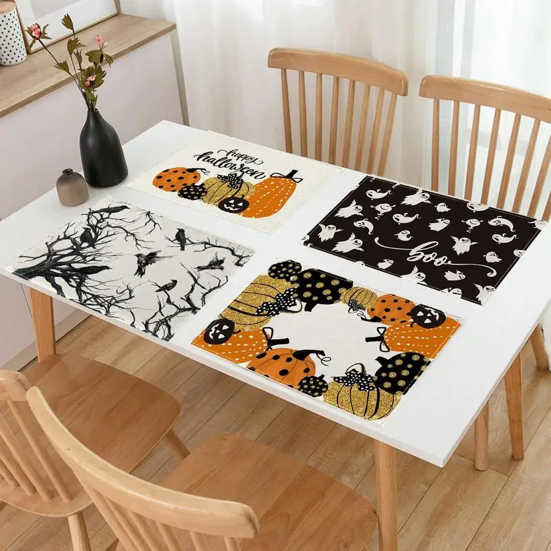 Branches Fall Coffee Cup Table Mat Halloween Cute Ghost Placemat Tree Crows Halloween Placemats Pad Bowl Mat Kitchen Tablecloth