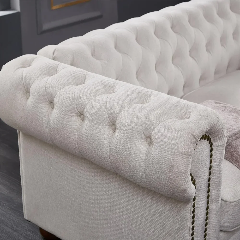 Sofa, 3-Seat Chesterfield Sofa with Button Tufted, Nailhead Trim and Wood Legs, Classical Linen Fabric Couch for Living Room