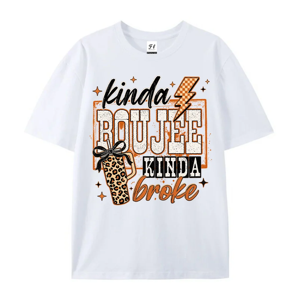 Womens Kinda Boujee Kinda Broke Graphic T Shirts Leopard Tumbler Bow Lightning Print Casual Short Sleeve Crew Neck Top