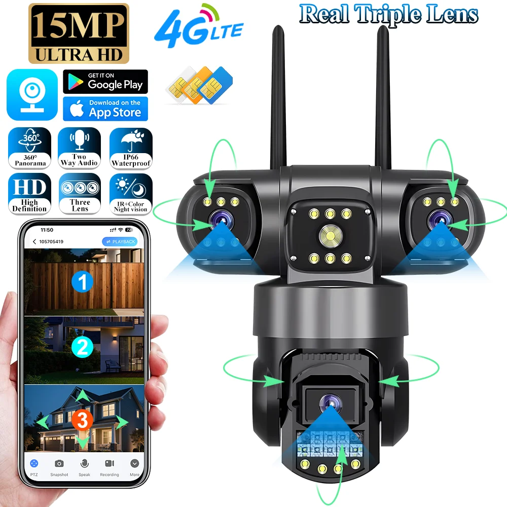 V380 Pro 4G Outdoor Waterproof AI humanoid detection Camera With Sim Card 15MP Three Lens Night Vision Security PTZ Home Camera