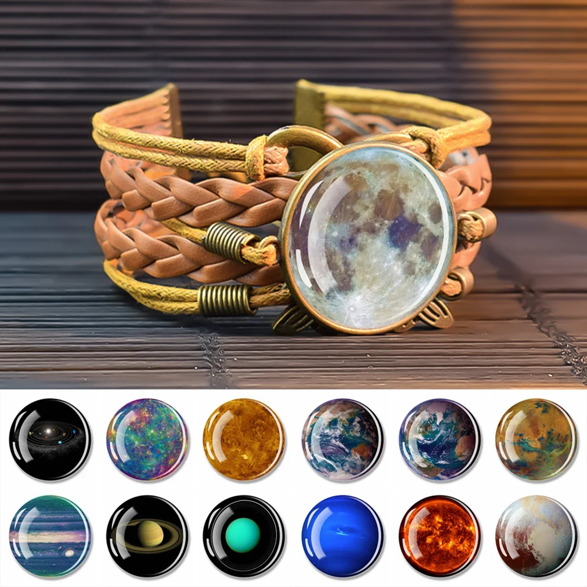 Planet Solar System Bracelets Moon Earth Sun Glass Dome Vintage Weave Bracelet Outer Space Universe Astronomy Jewelry Gift