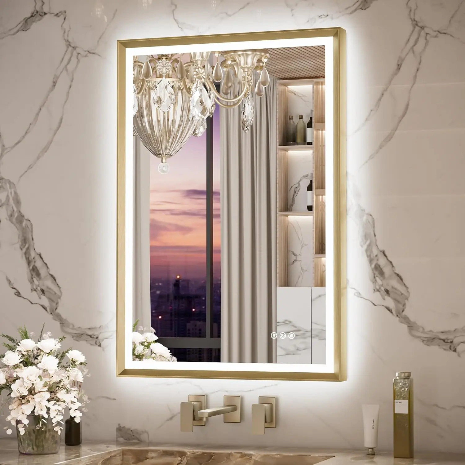 Keonjinn 24” X 36” Gold Led Bathroom Mirror With Frontlit & Backlit, Metal Framed Lighted Vanity Mirror With Stepless 3-Color