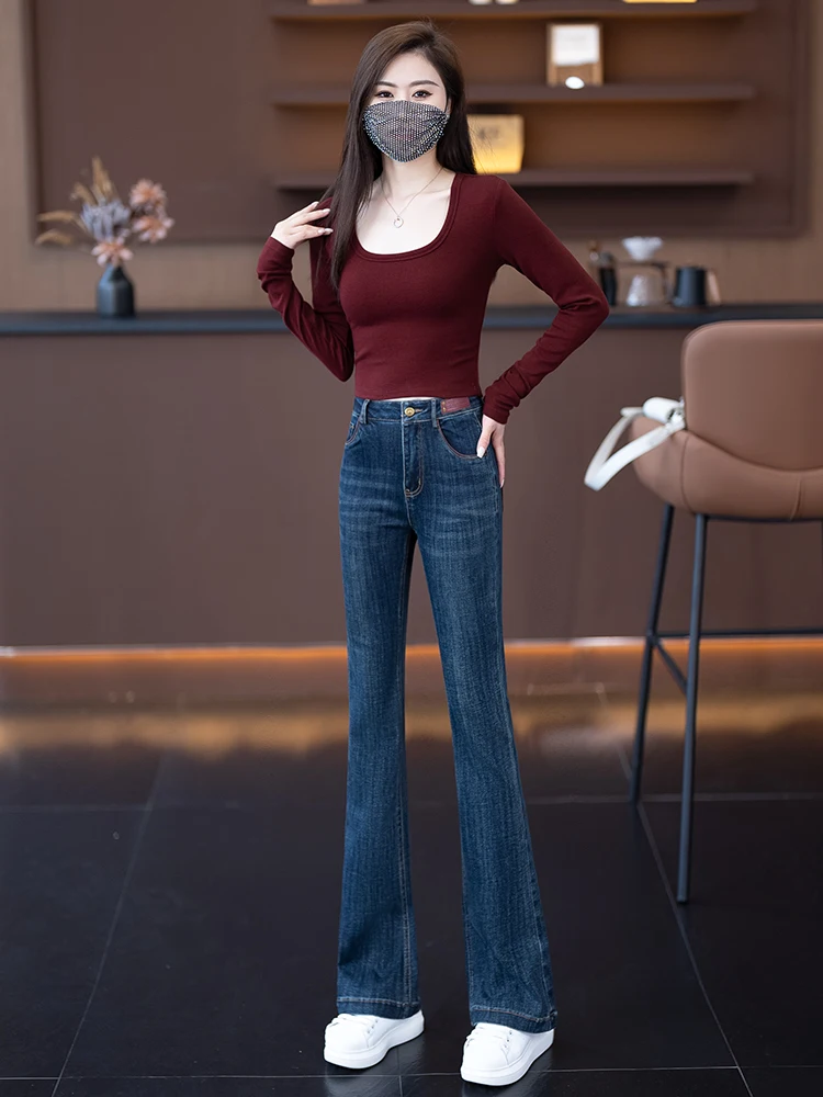 

Утягивающие джинсы с высокой талией, расклешенные джинсы, женские облегающие эластичные расклешенные брюки-копыта небольшого размера, синие C...