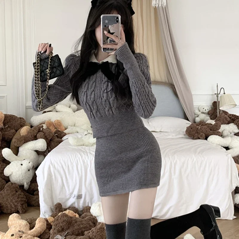 Women Sets Vintage Long Sleeve Knitted Crop Pullovers Bow High Waist Mini Skirts Hip Wrap Temper Fashion Seductive Hotsweet New