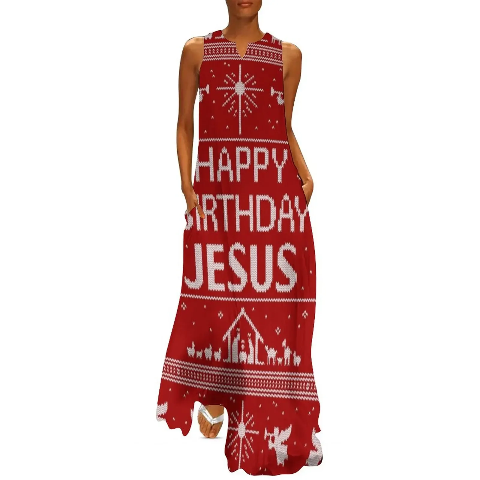 

Happy Birthday Jesus - Ugly Christmas Sweater - Scandinavian Knit Red White - Religious Christian Long Dress prom clothes Dress
