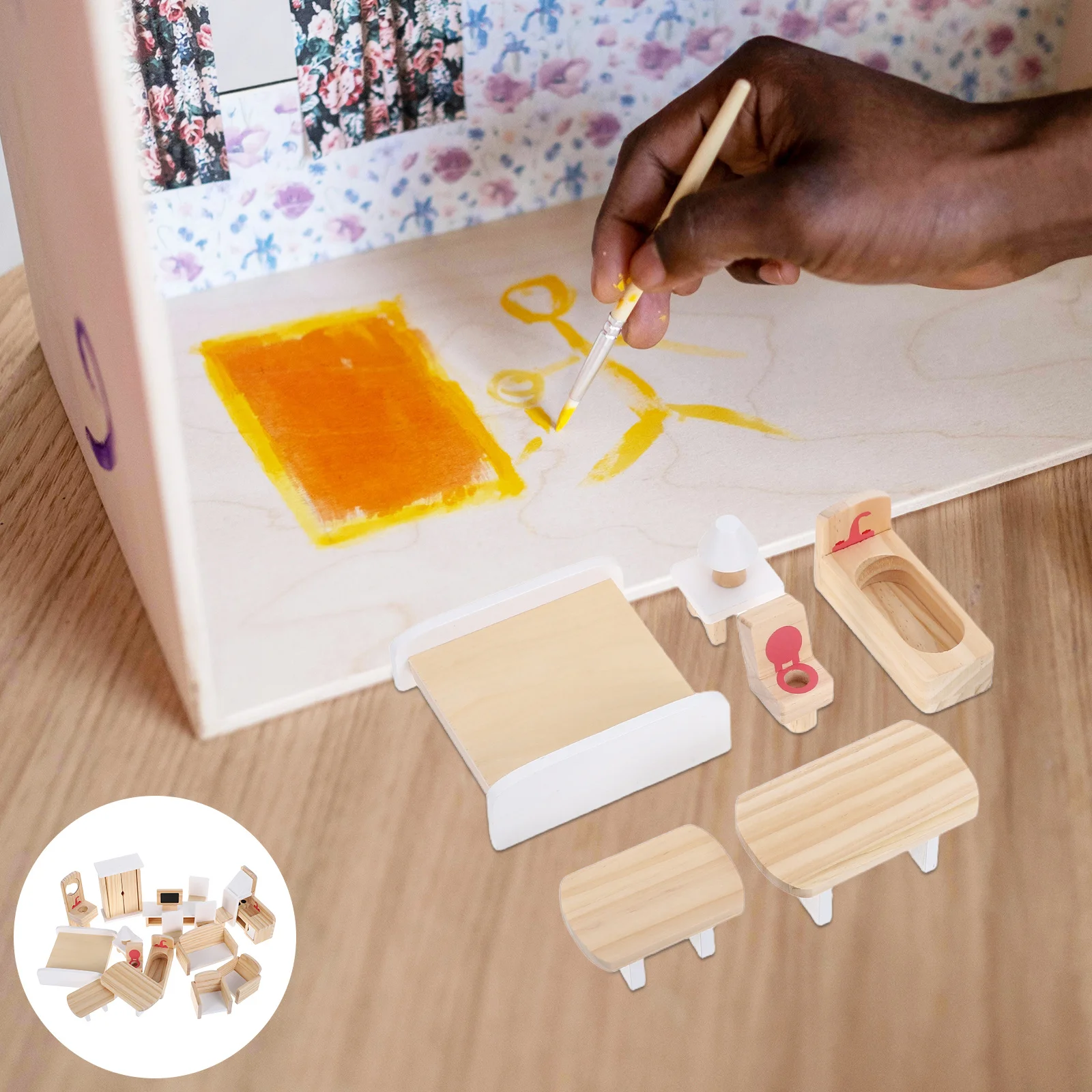 1-set houten mini-meubels voor kinderen, peutertafel, stoelenset, fantasiespel, keuken, rollenspel - Montessori poppenhuisaccessoires