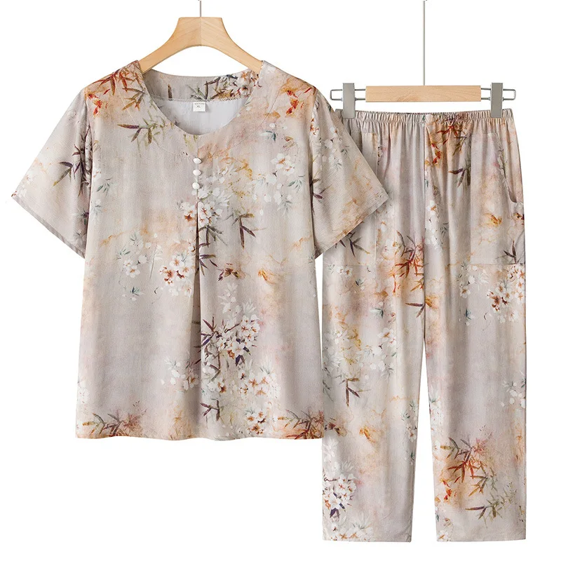 XL-5XL Ensemble Femmes Elegant Printed Women's Pajamas Set Short Sleeve Capri Pants Suit Middle Aged Mother Sleep Home Clothes