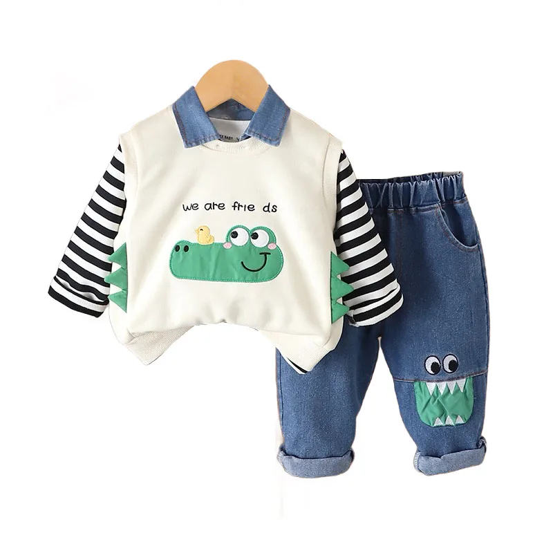 Kids Outfits 2024 New Autumn Baby Boy Clothes 12 To 18 Months Cute Crocodile Vest + Striped T-shirts + Pants Boys Tracksuit Set