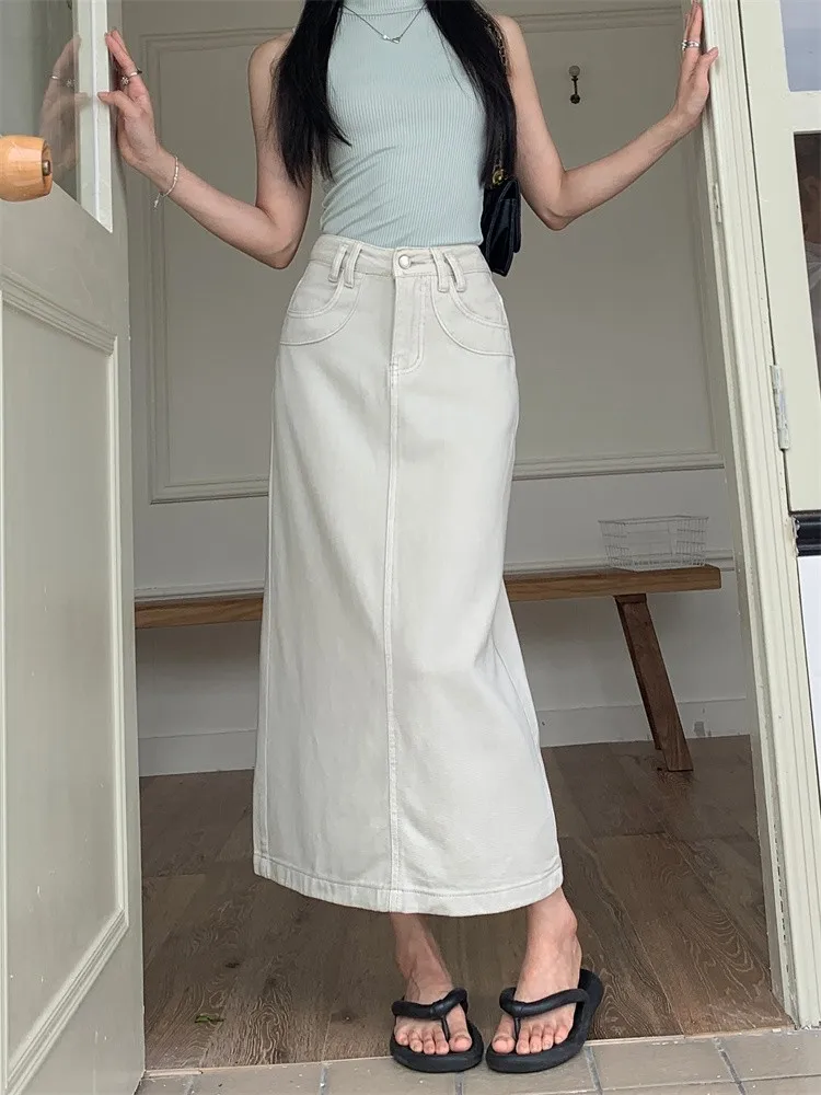 

ZHISILAO New White Straight Long Denim Skirt Women Vintage A-line Jeans Skirt Summer 2024