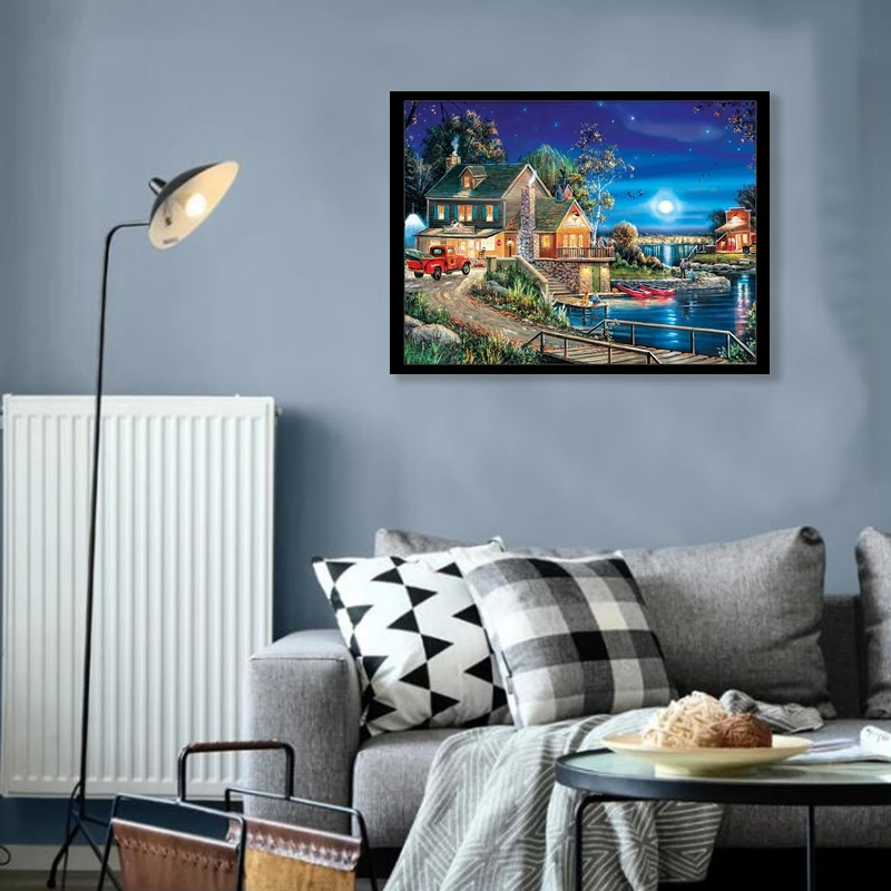 DIY 5D Pintura Diamante para a Decoração Home, Paisagem Lodge, Broca Completa, Redondo, Bordado Imagem, Artesanato Art Kit