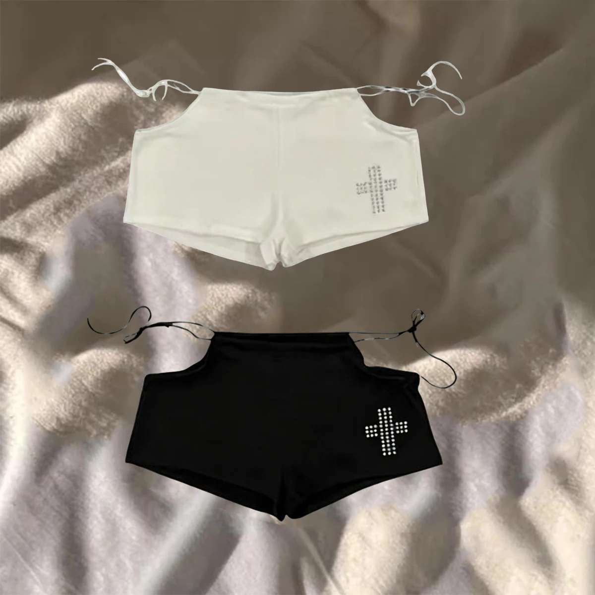Streetwear Aesthetic Hot Pants Women White Cross Print Side Tie Low Rise Micro Shorts 2026